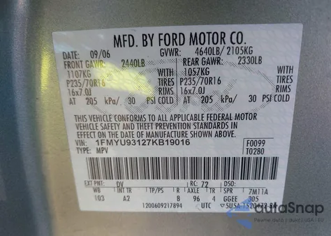 2007 Ford Escape Xlt/Xlt Sport from USA, damaged, VIN 1FMYU93127KB19016